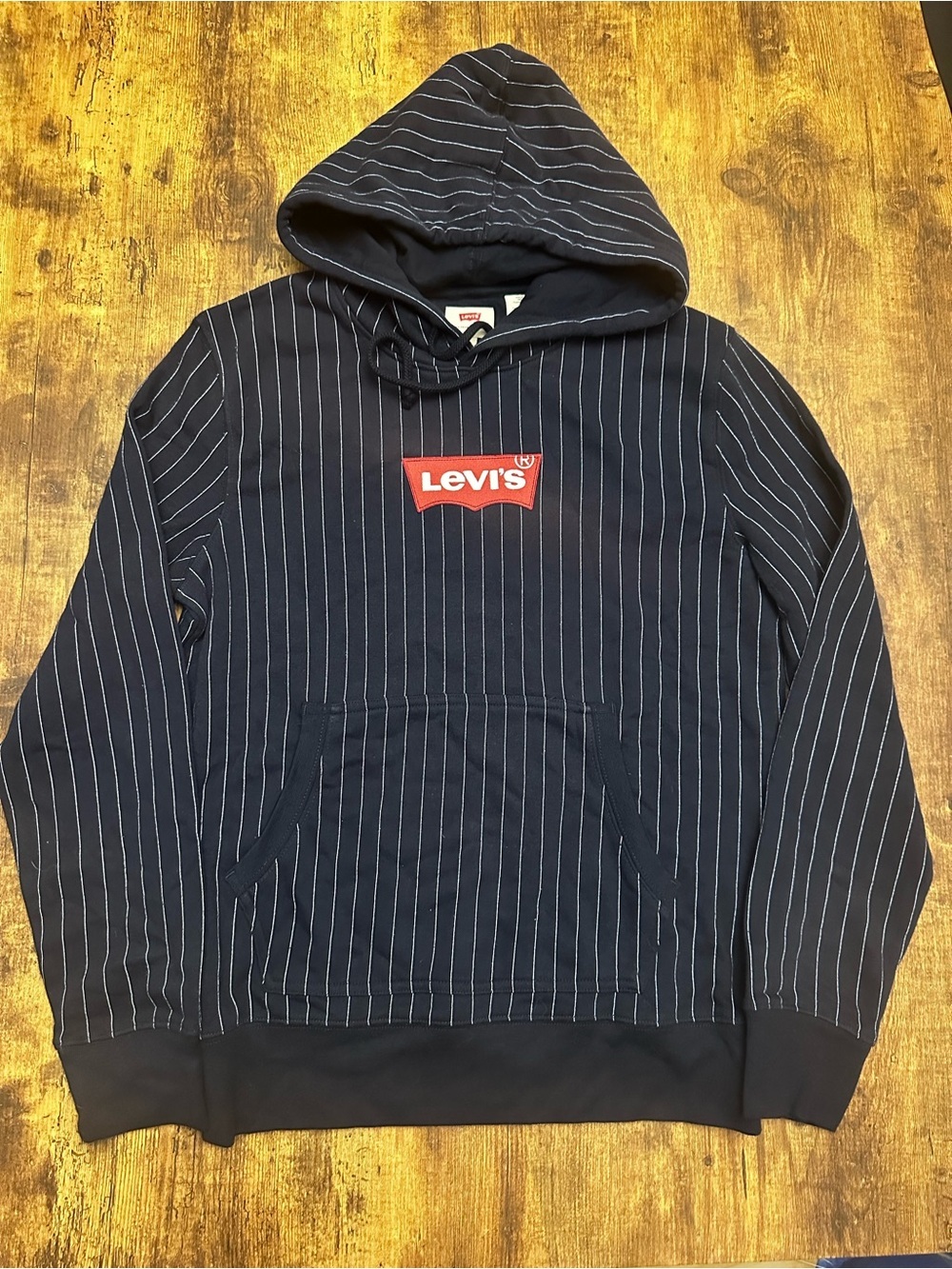 Levi's Men’s Navy Pinstripe Hoodie with Red Logo Patch - Small